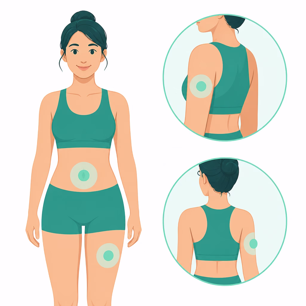 Illustration of the three Ozempic injection sites: abdomen, upper thigh, and upper arm