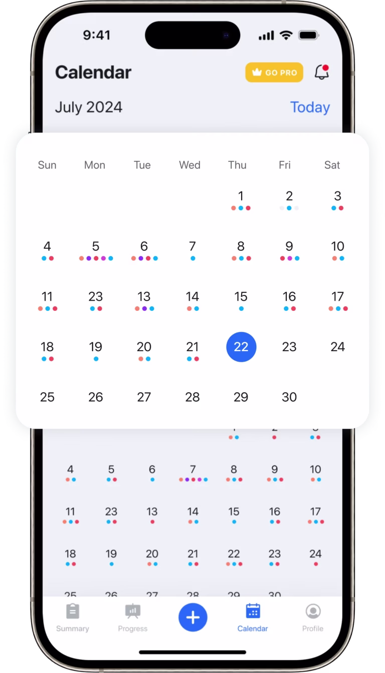 GLP-1 tracker calendar view in the Pep app