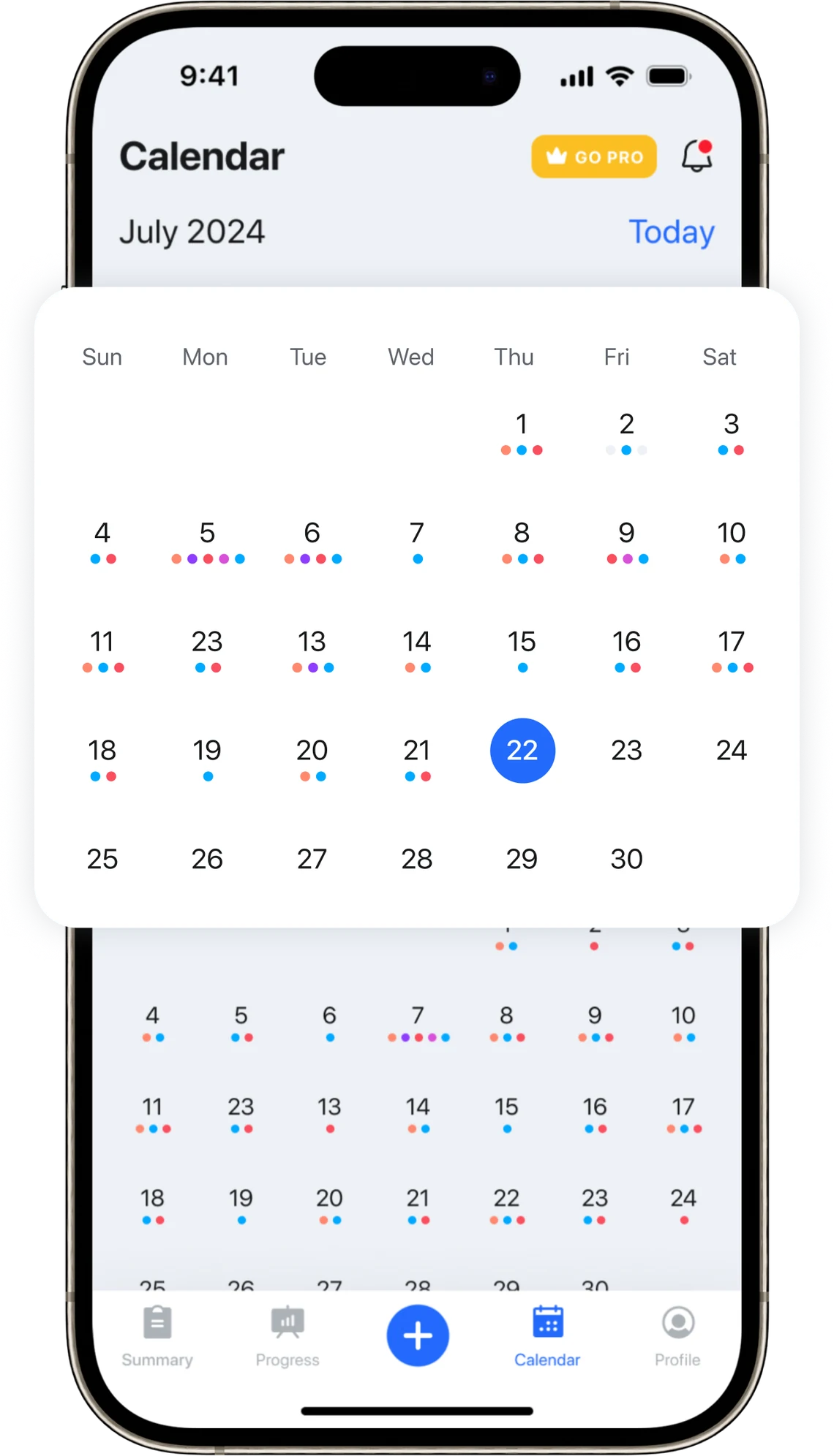 GLP-1 tracker calendar view in the Pep app