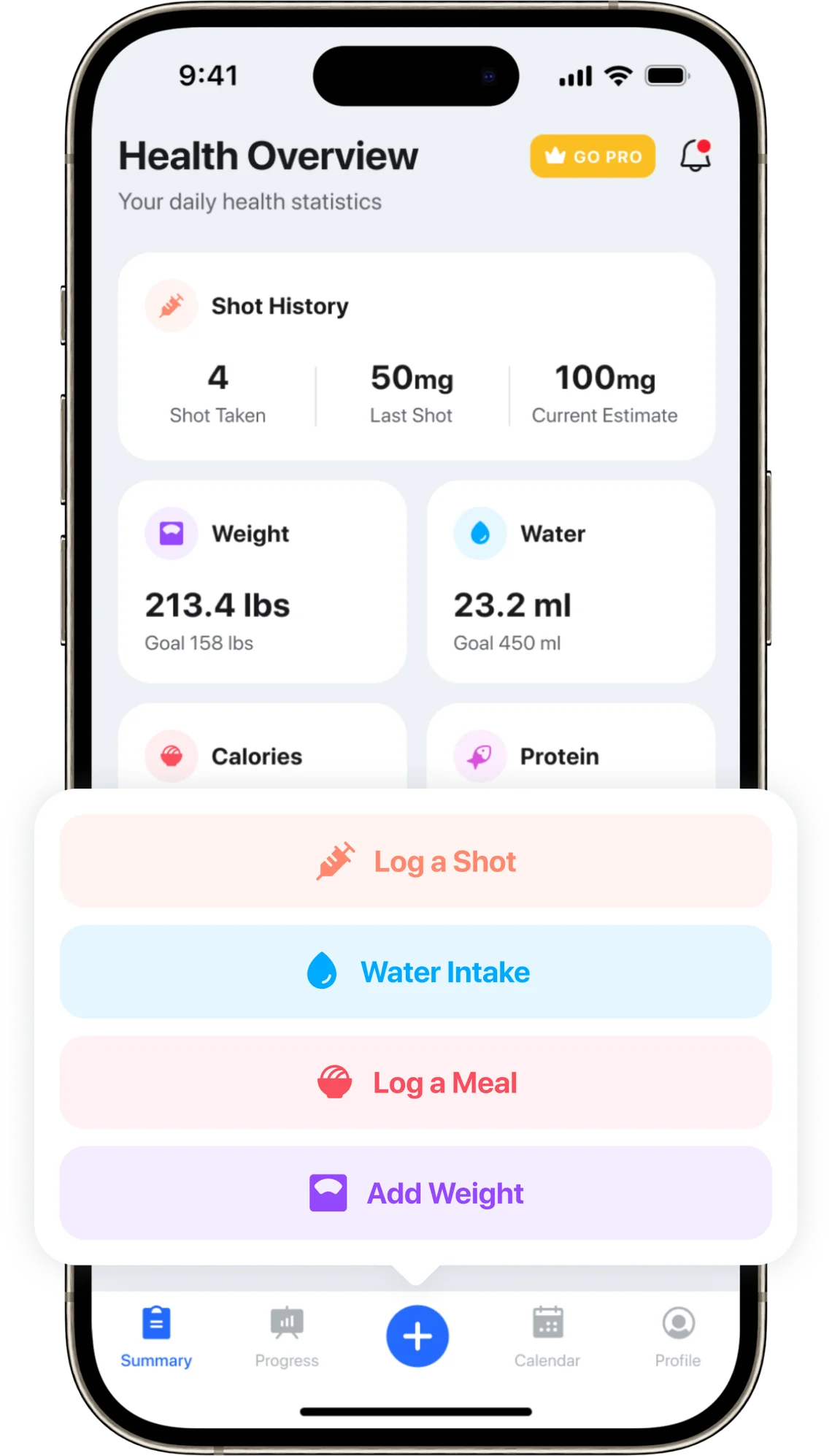 Pep daily summary with weight, water, calories and protein