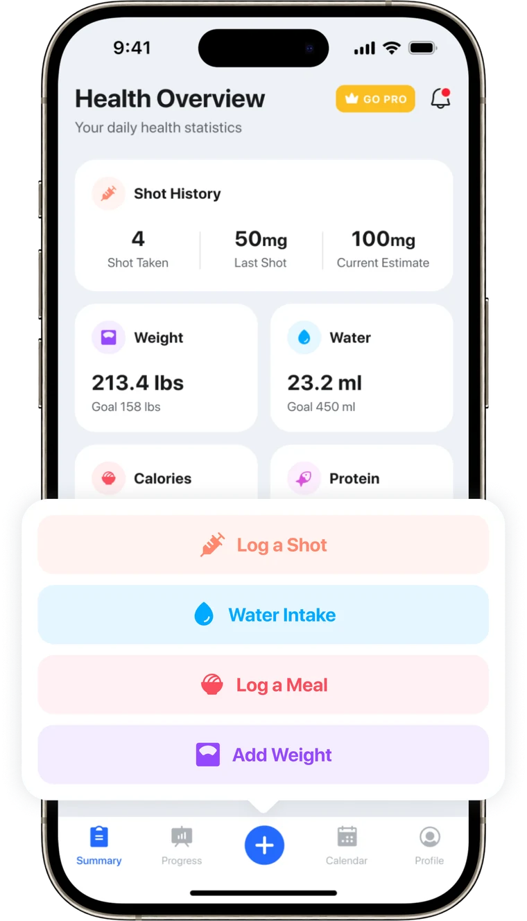 Pep GLP-1 tracker app showing shot history, weight, water, and quick logging on iPhone